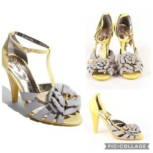 Poetic License Yellow and Gray T-Strap Heels